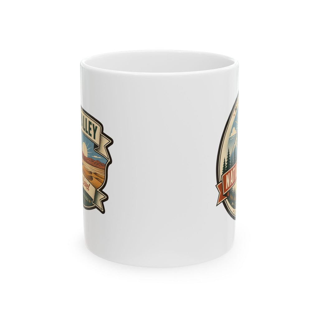 White ceramic mug showing partial Death Valley and National Parks graphics on side