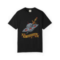 Black graphic T-shirt with UFO and dagger “No Trespassing” print