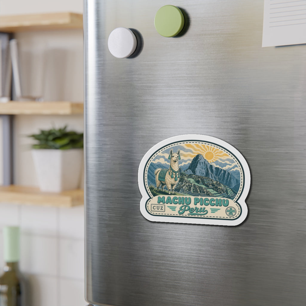 Die-cut sticker-style magnet with blue Machu Picchu landscape, llama, and Peru text