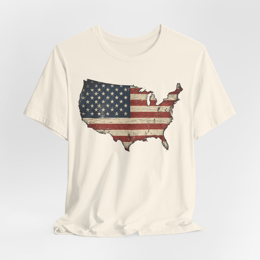Cream T-shirt with distressed American flag map graphic on the front