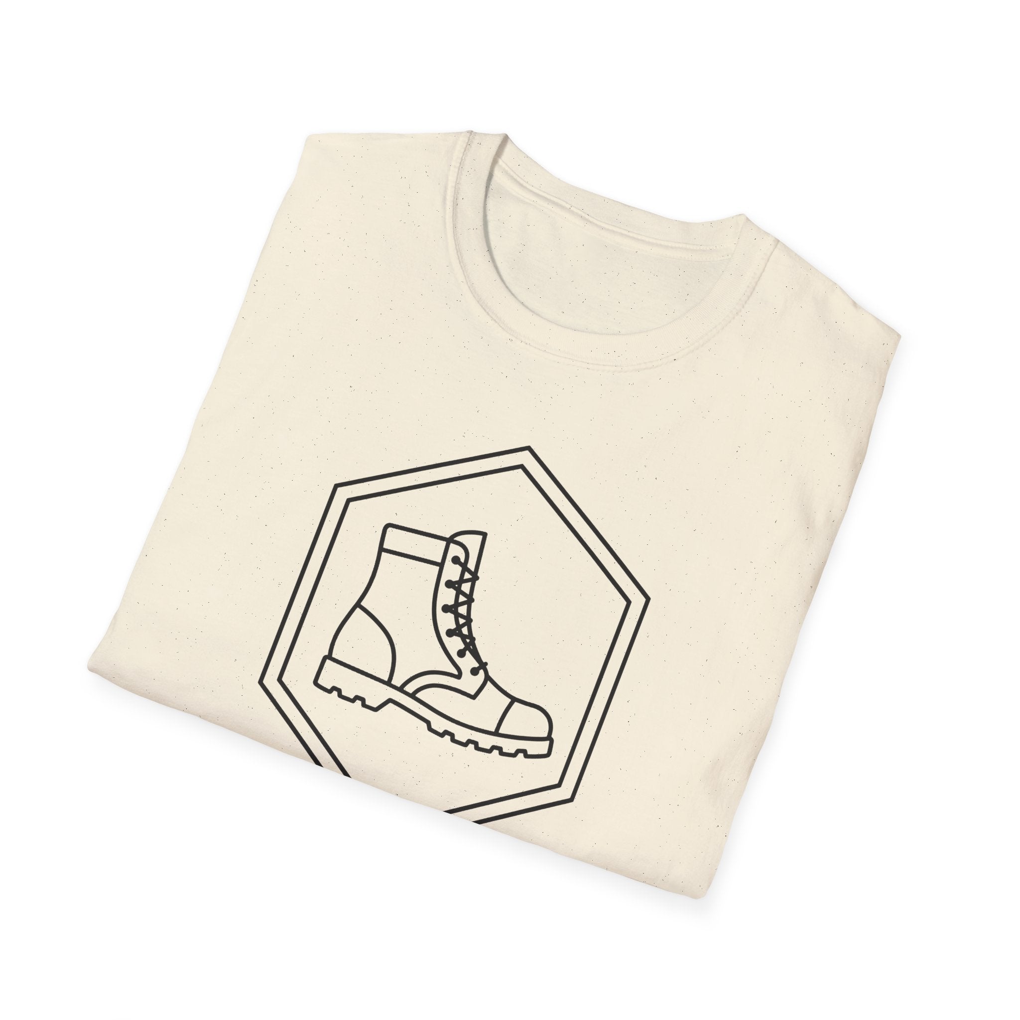 Cream T-shirt with line-art military boot in hex badge graphic