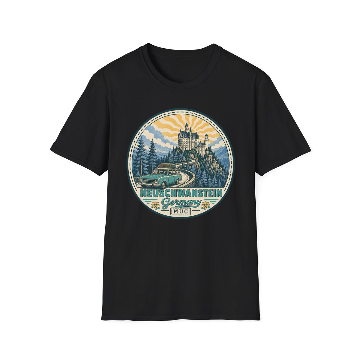 Black crewneck T-shirt featuring a circular illustrated castle graphic