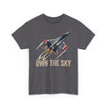 Charcoal gray T-shirt with fighter jet graphic and "OWN THE SKY" text on front