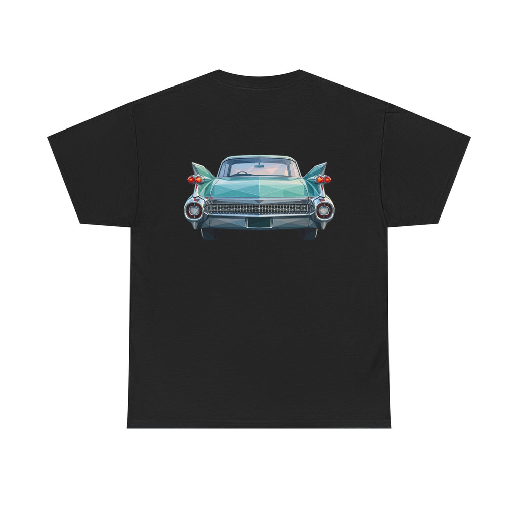 Black crewneck T-shirt with centered teal classic car graphic on the chest