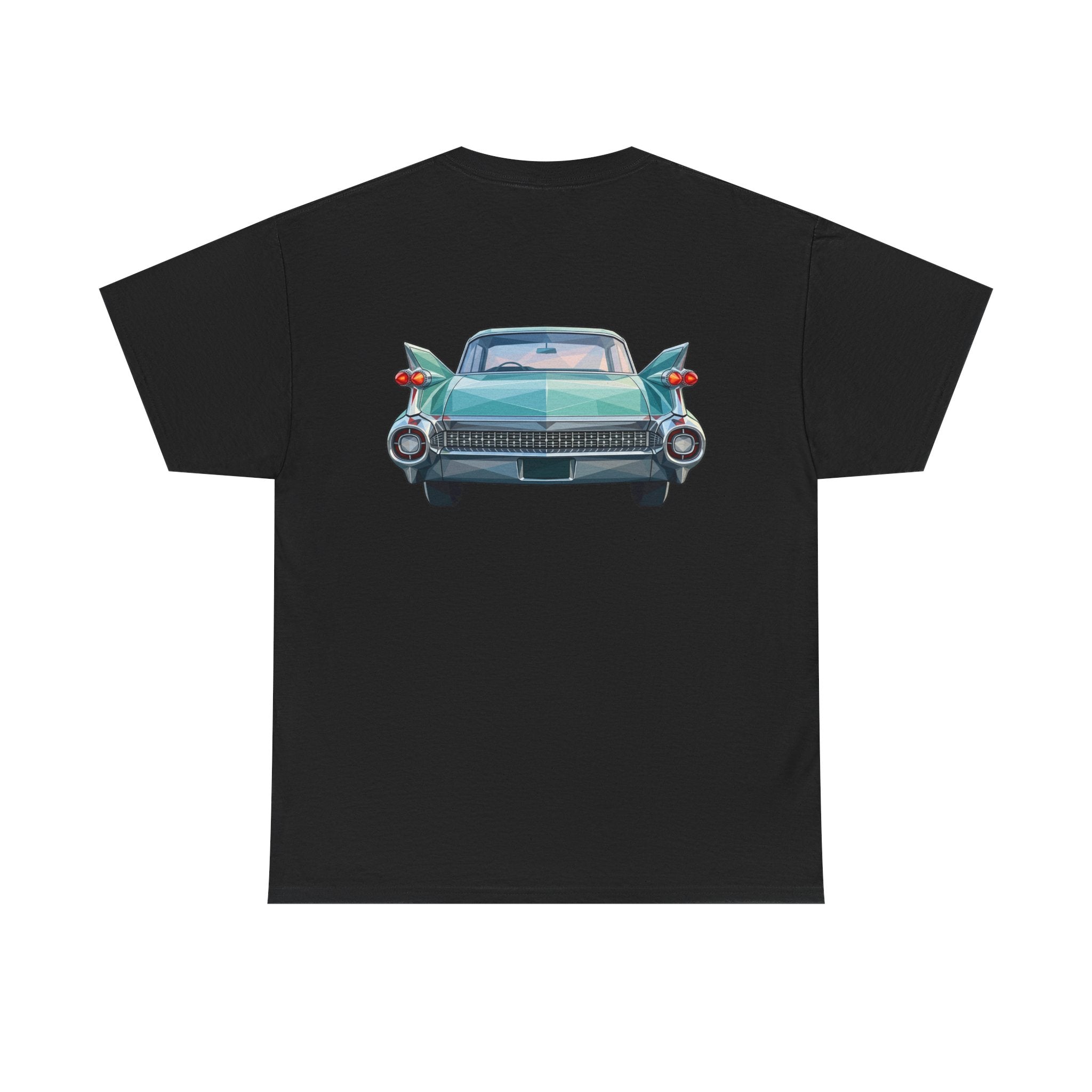 Black crewneck T-shirt with centered teal classic car graphic on the chest