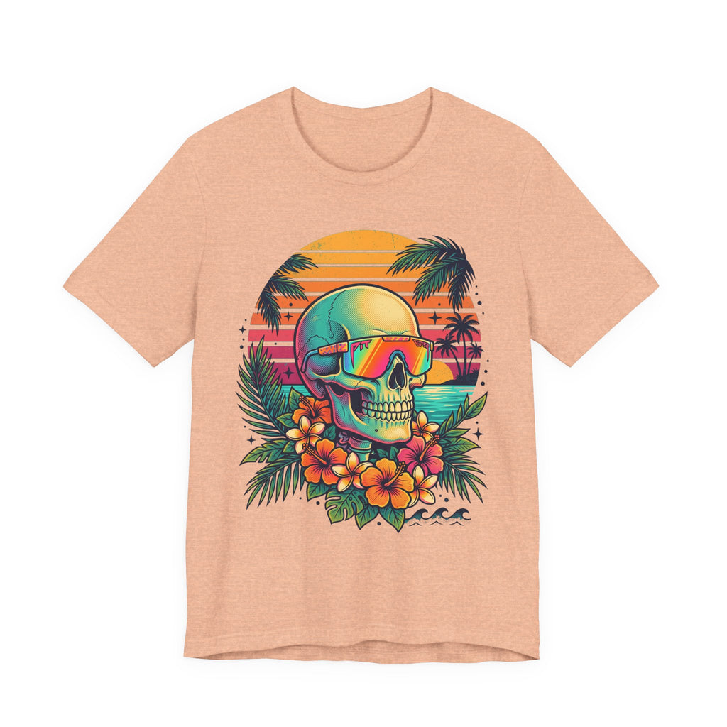 Heather peach T-shirt with tropical skull wearing sunglasses and flower front print