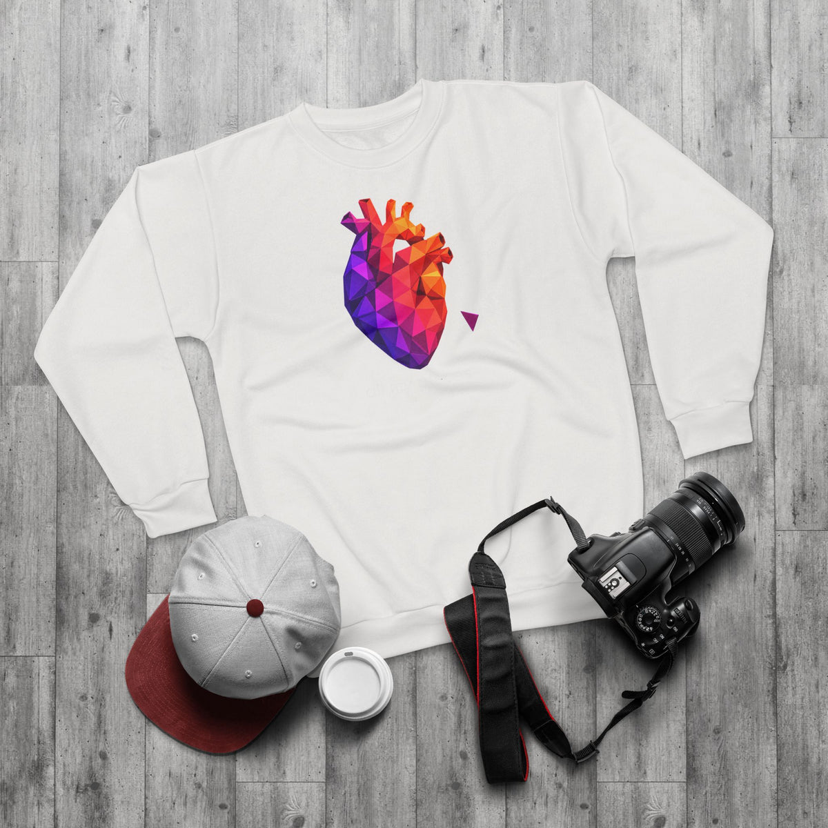 White sweatshirt with colorful geometric heart front graphic, long sleeves