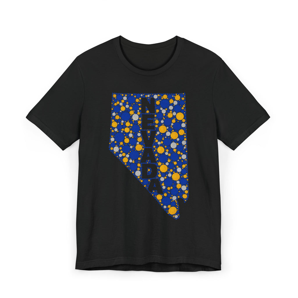 Black crewneck t-shirt with blue and gold speckled Nevada map graphic