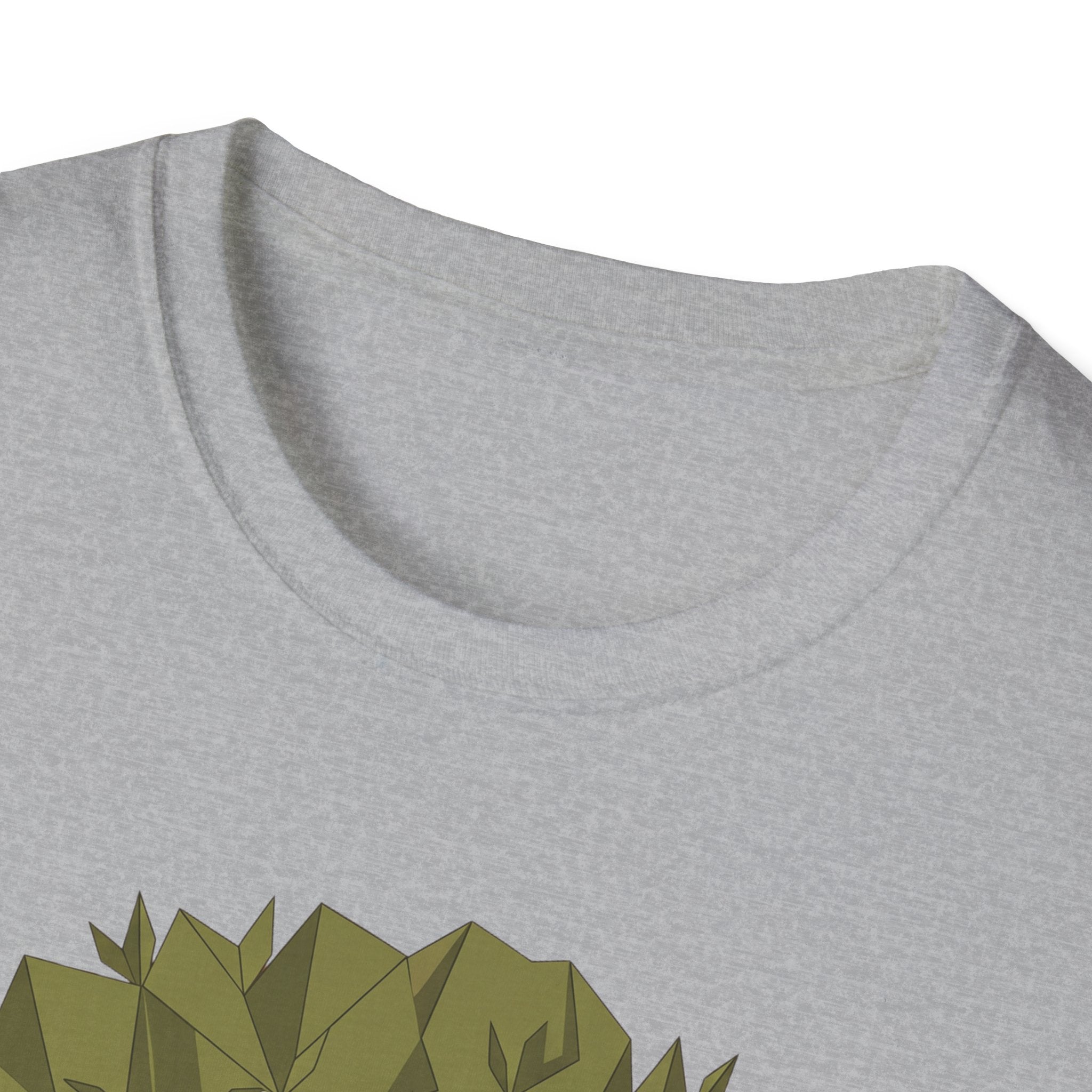 Heather gray T-shirt neckline with partial twisted olive tree graphic