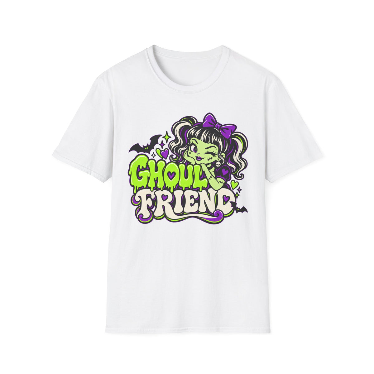 White Halloween graphic t-shirt with cute monster girl “Ghoul Friend” logo