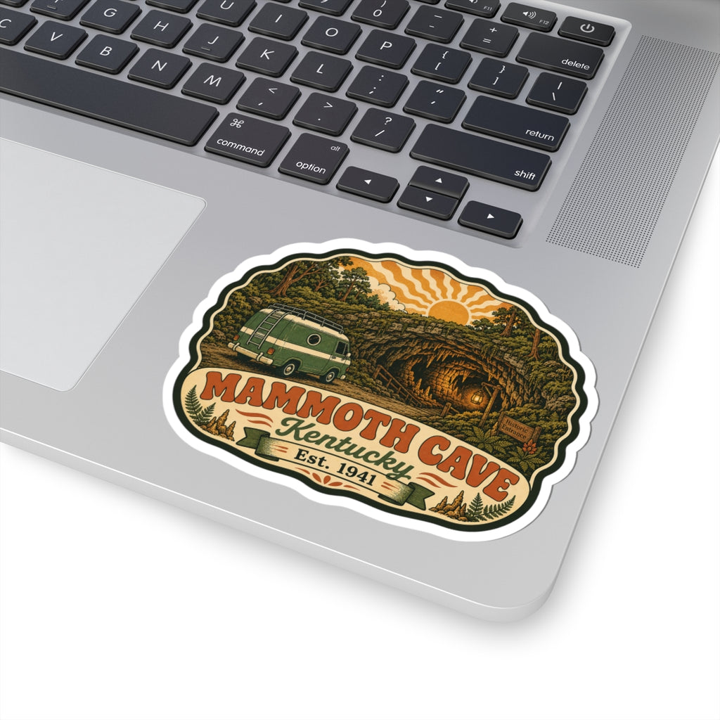 Die-cut oval sticker featuring green van entering cave and Mammoth Cave Kentucky Est. 1941