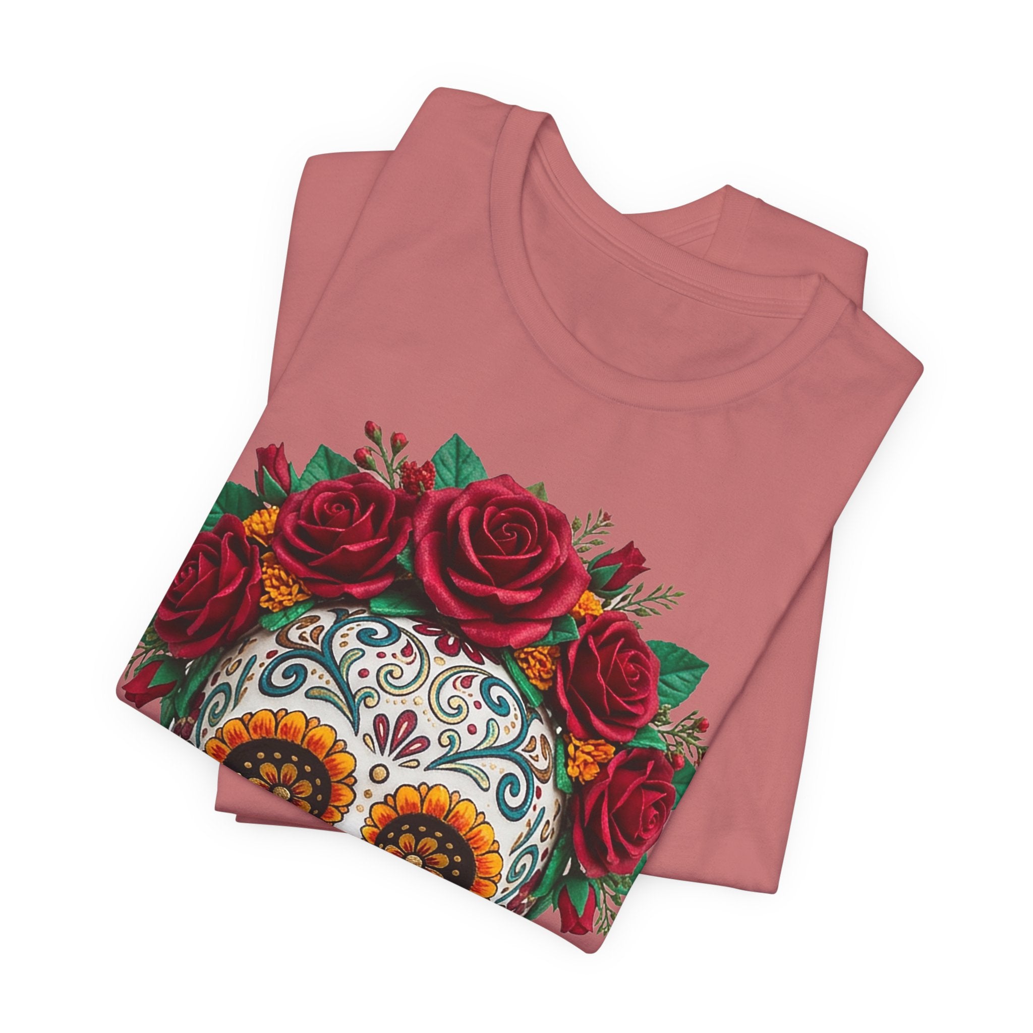 Day of the Dead T-shirt, mauve; sugar skull with red rose crown on front