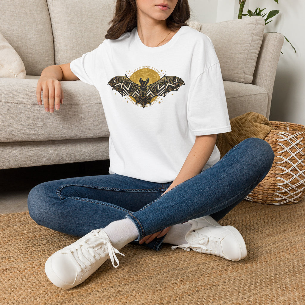 White T-shirt with geometric bat and moon graphic at center front