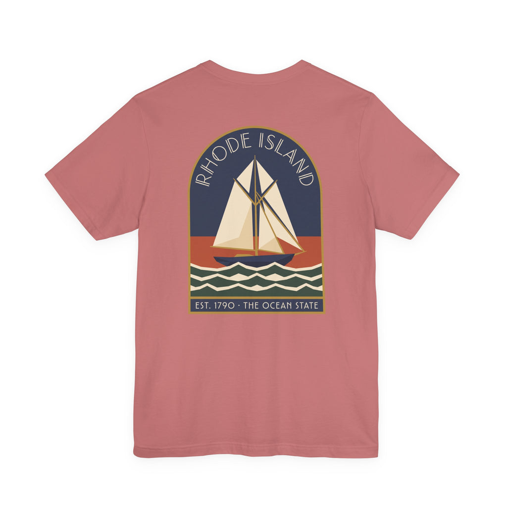 Rose pink T-shirt with large back sailboat graphic in bordered rectangle