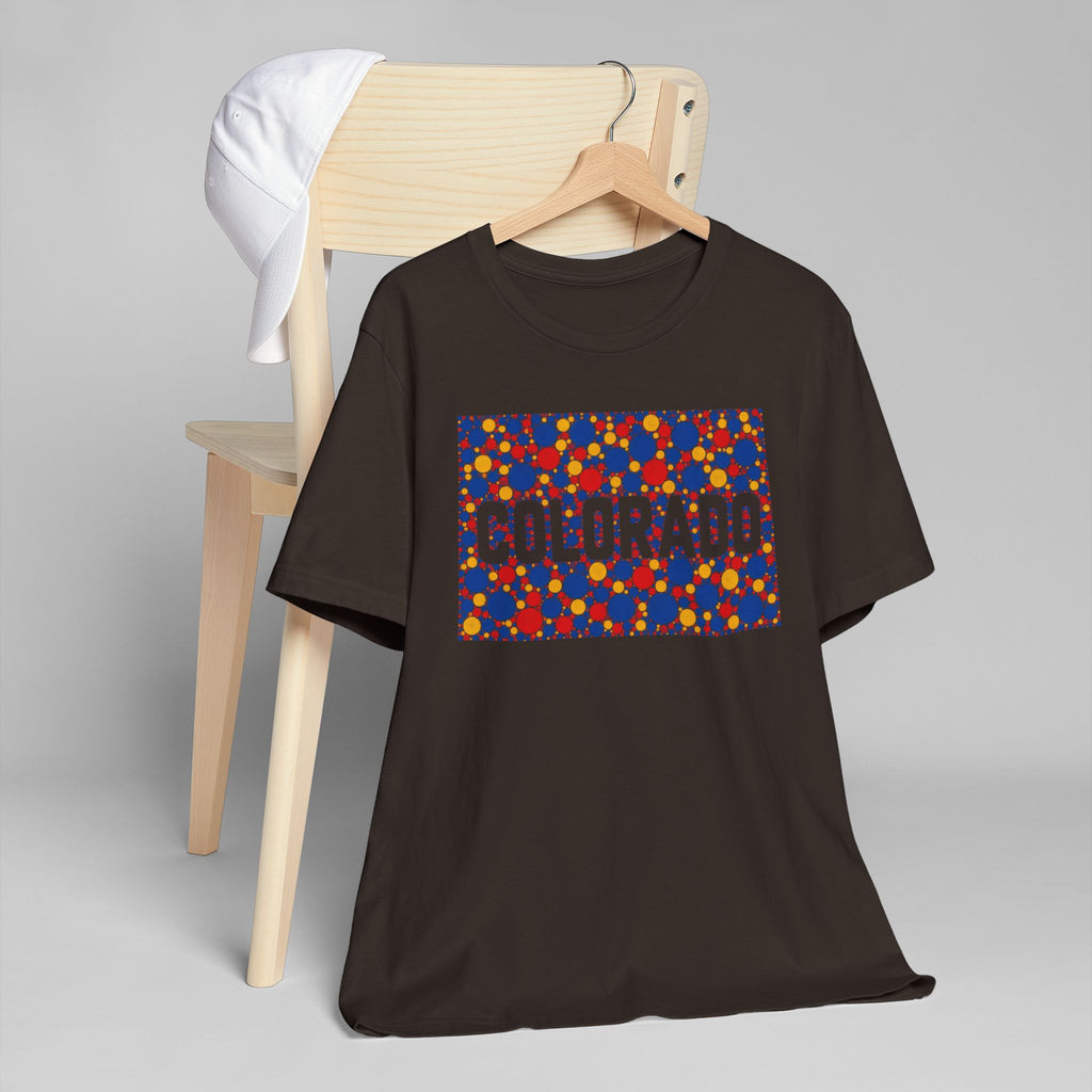 Black crew-neck short-sleeve t-shirt with colorful “COLORADO” rectangle graphic