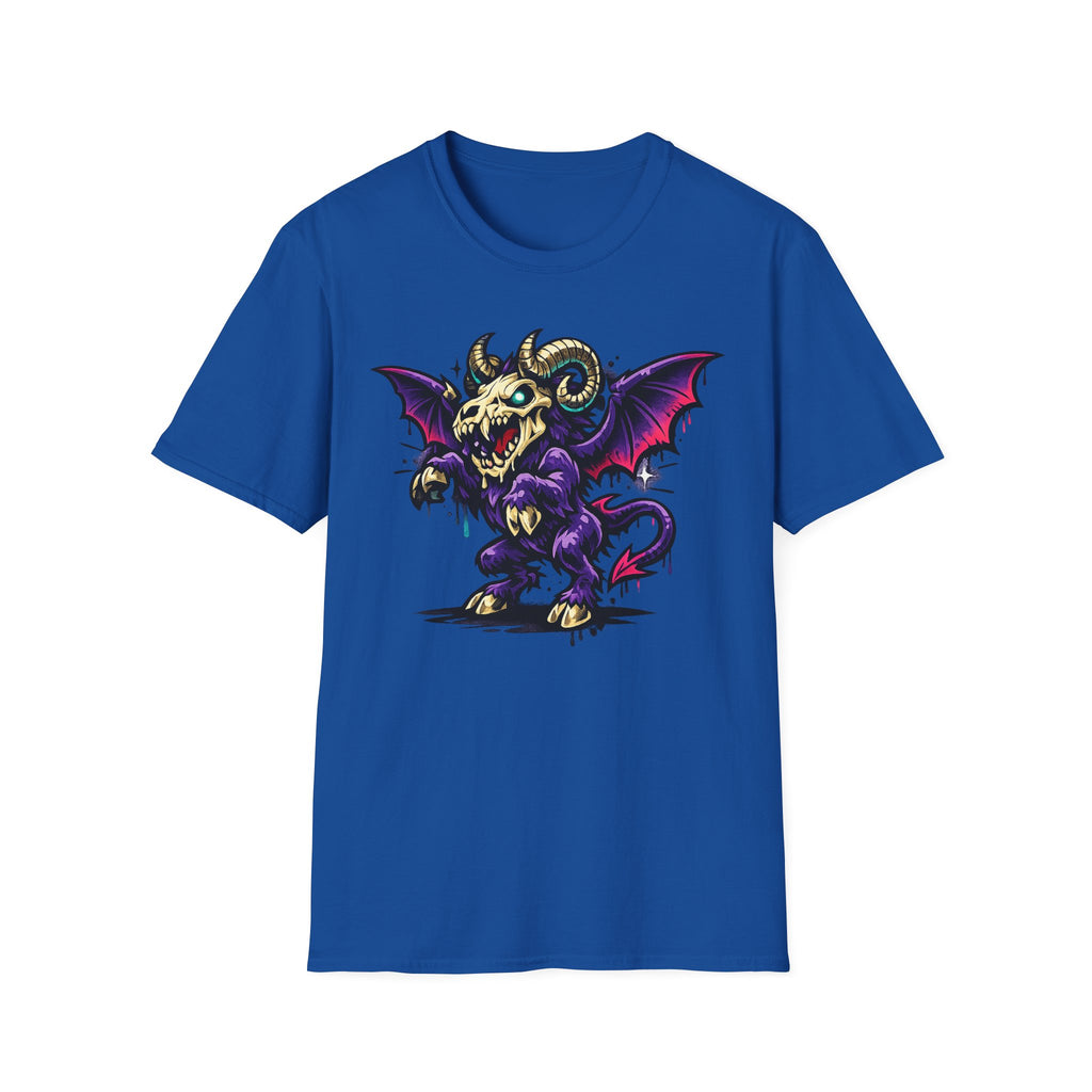 Royal blue graphic monster T-shirt with purple bat-winged skull ram front print