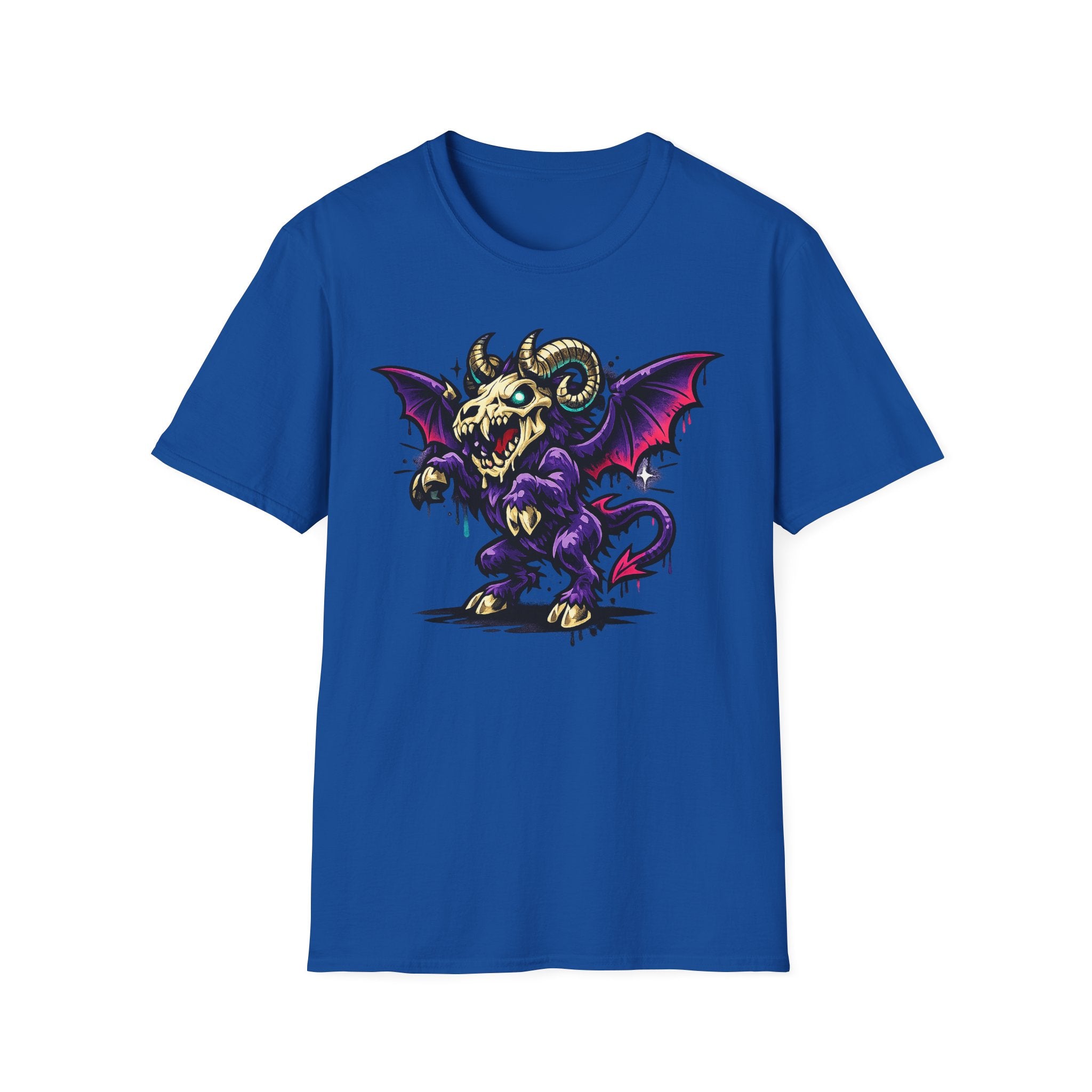 Royal blue graphic monster T-shirt with purple bat-winged skull ram front print