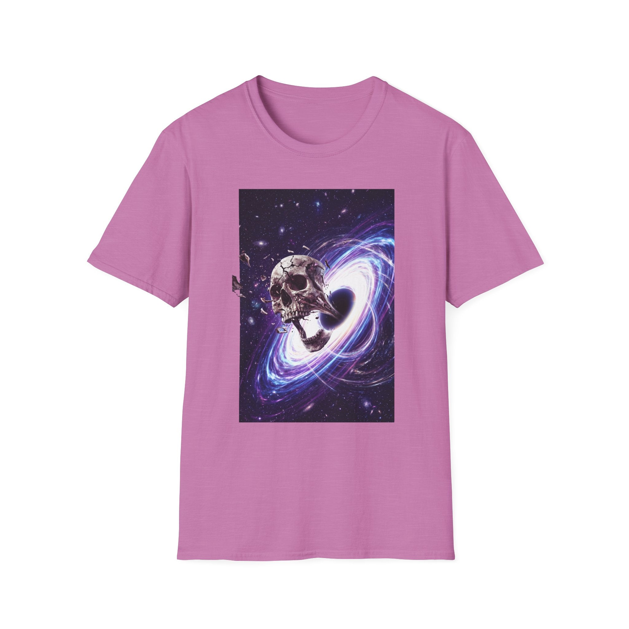 Pink-purple T-shirt with cosmic skull and galaxy swirl graphic on the front