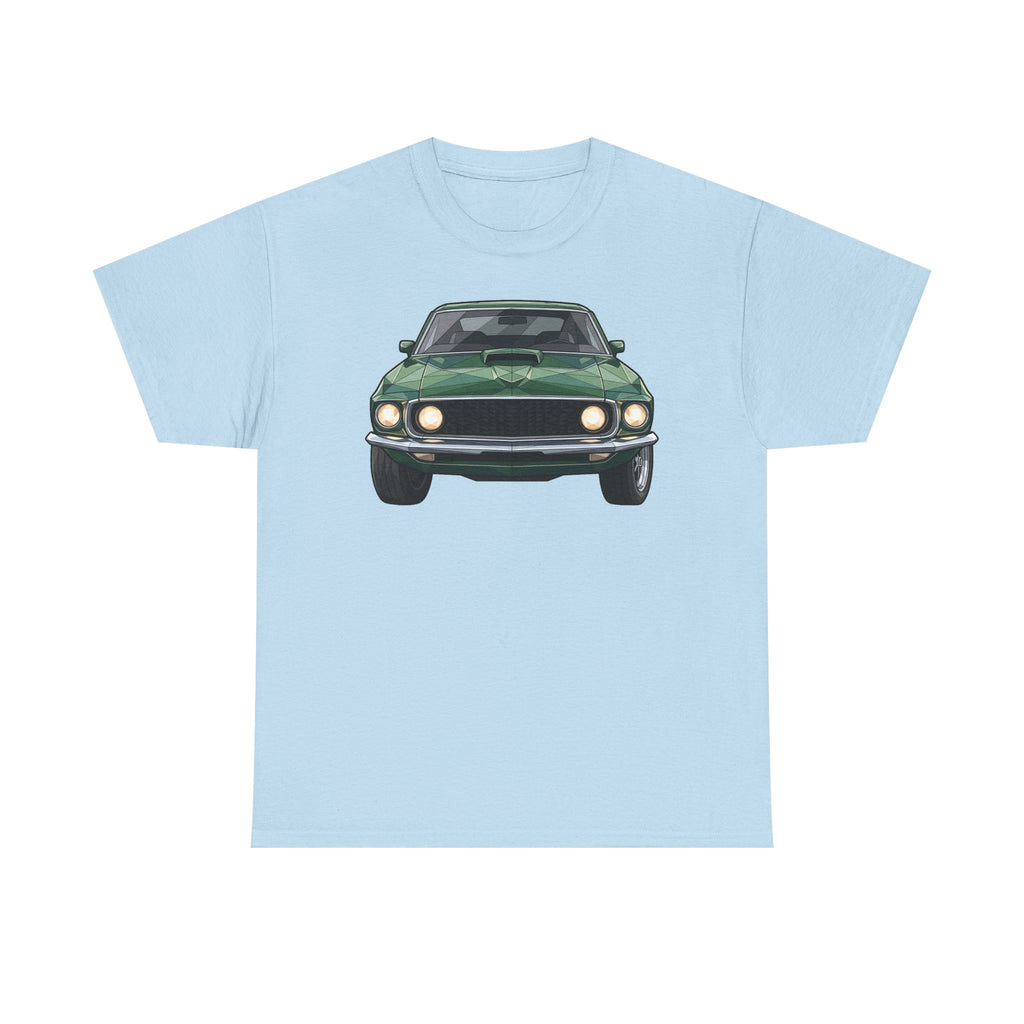 Light blue crew-neck T-shirt with vintage green muscle car front graphic