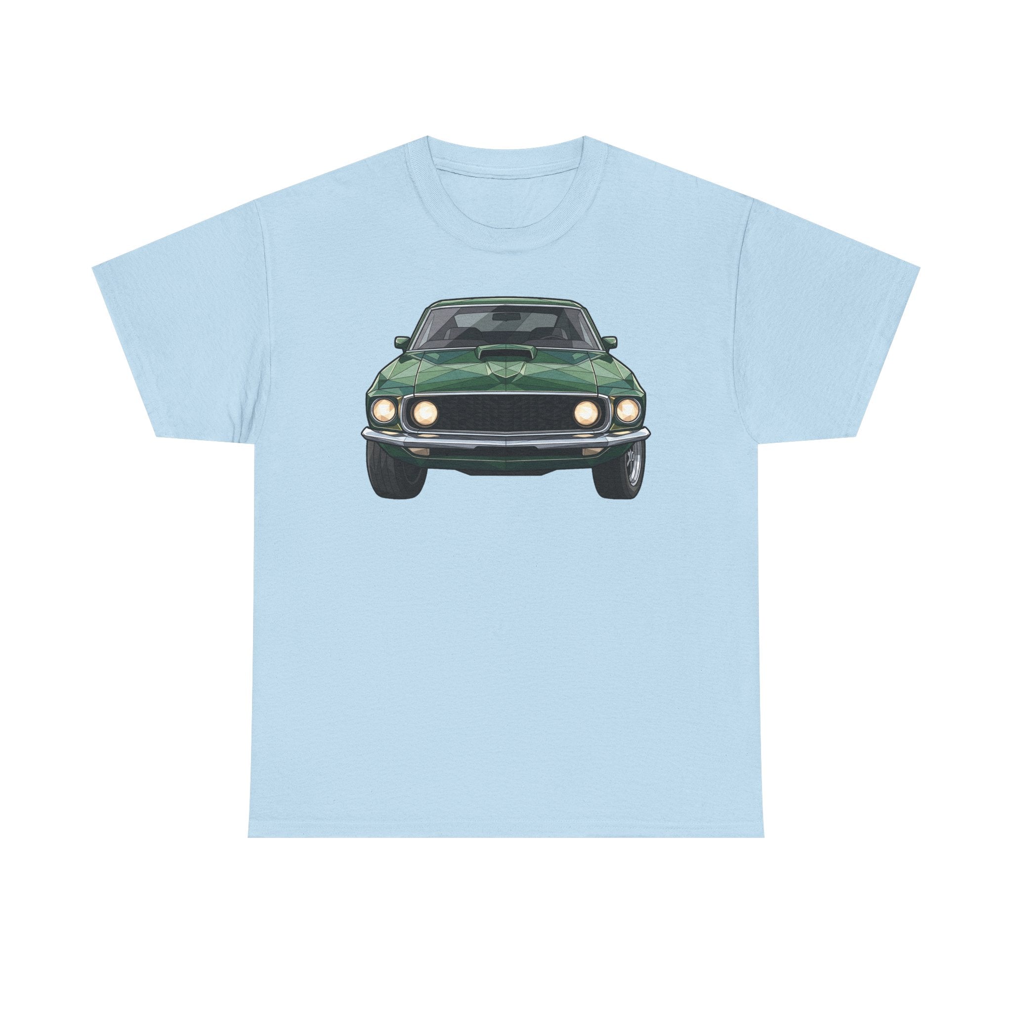 Light blue crew-neck T-shirt with vintage green muscle car front graphic