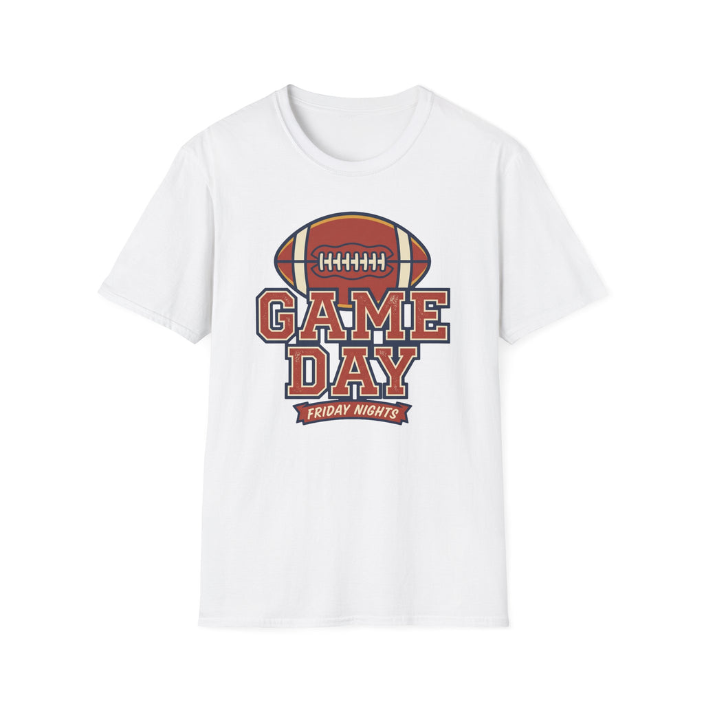 White crewneck T-shirt with “GAME DAY” football graphic on the chest