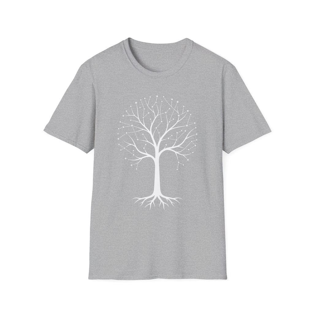 Camiseta gris claro con árbol de la vida en constelación y raíces botánicas blancas