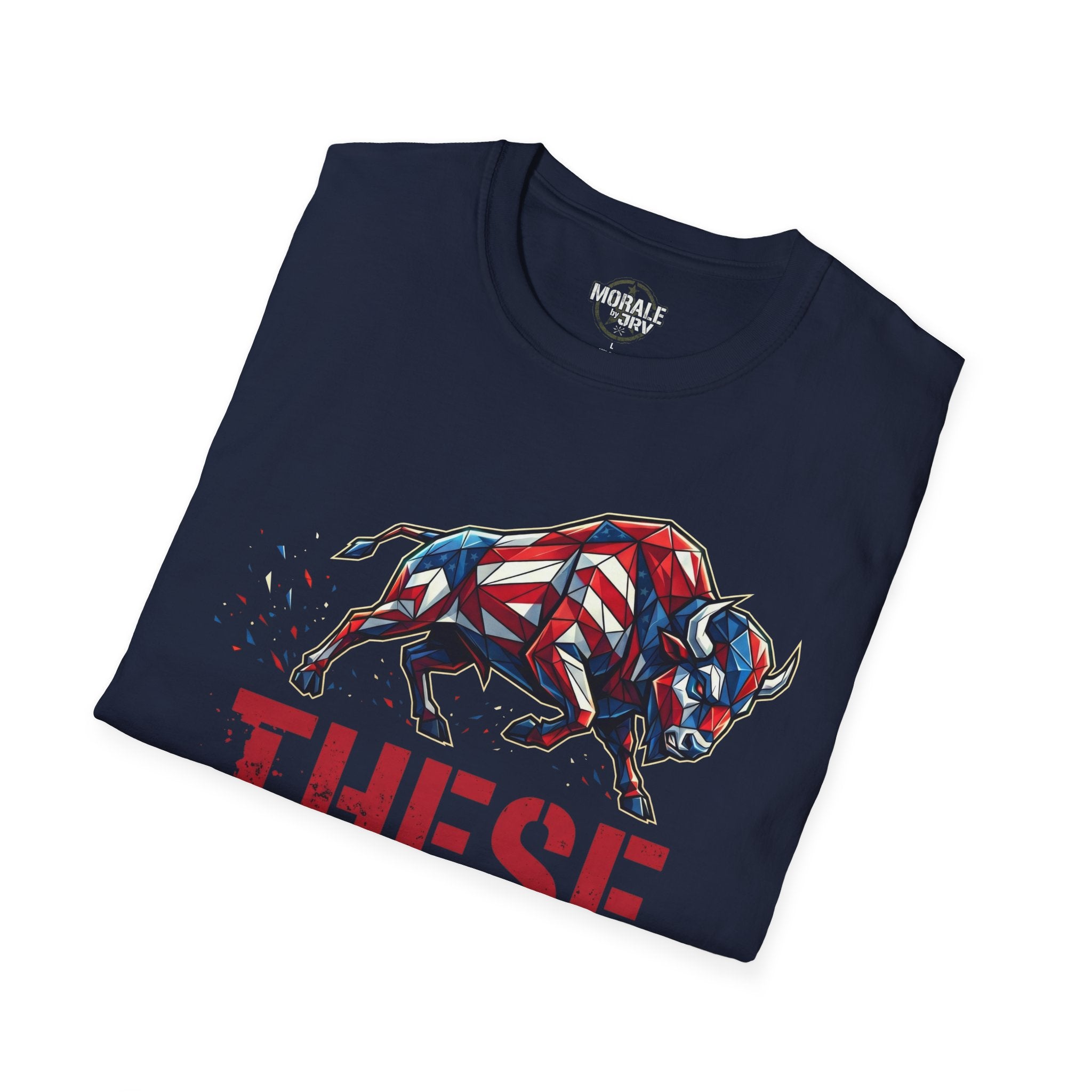Navy T-shirt with geometric American bull and red “THESE COLORS” chest print