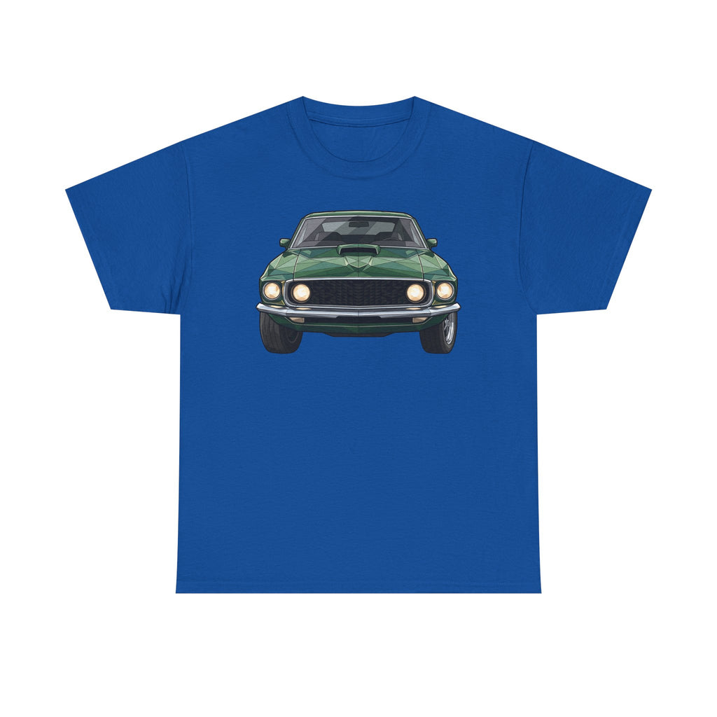 Royal blue crew-neck T-shirt with vintage green muscle car front graphic