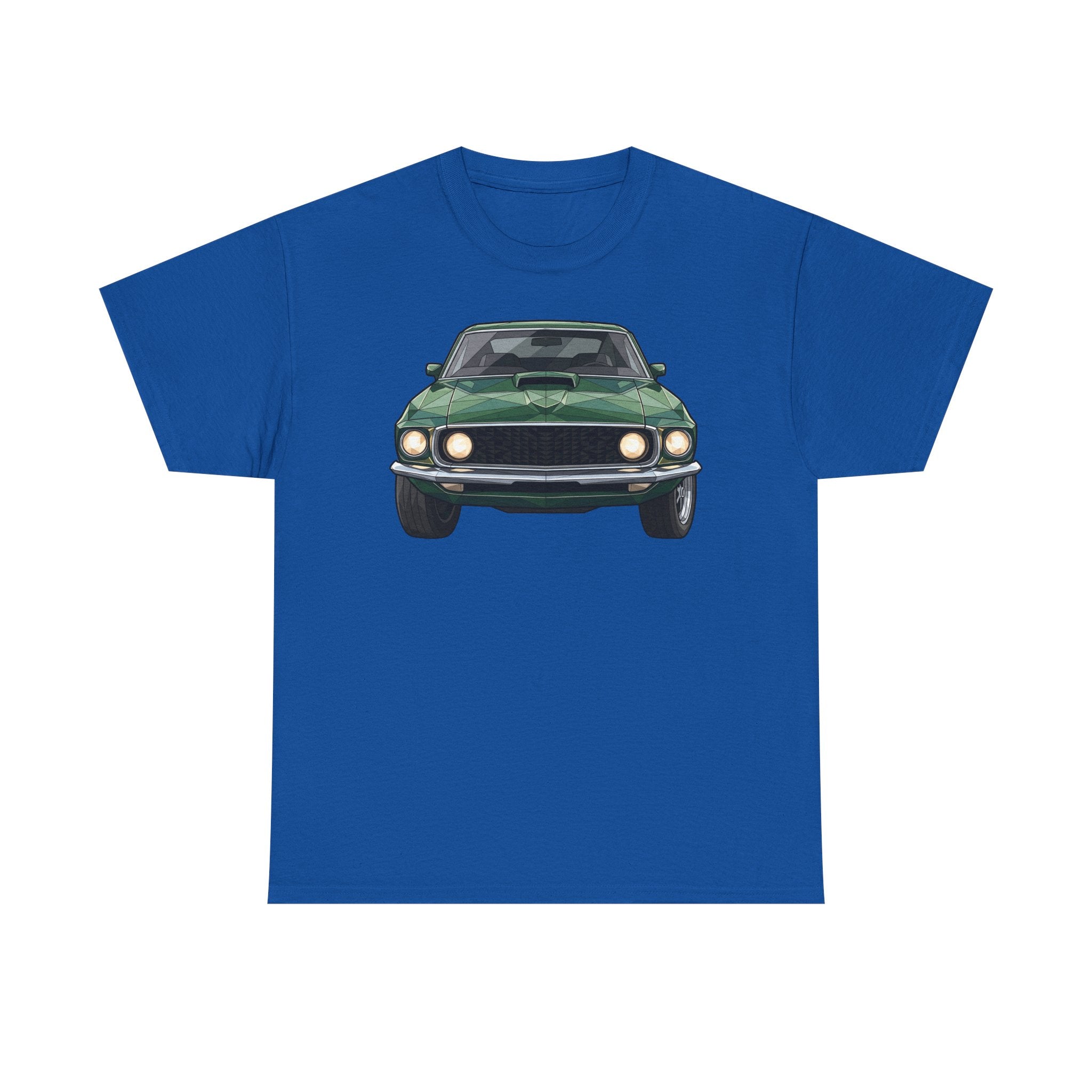 Royal blue crew-neck T-shirt with vintage green muscle car front graphic