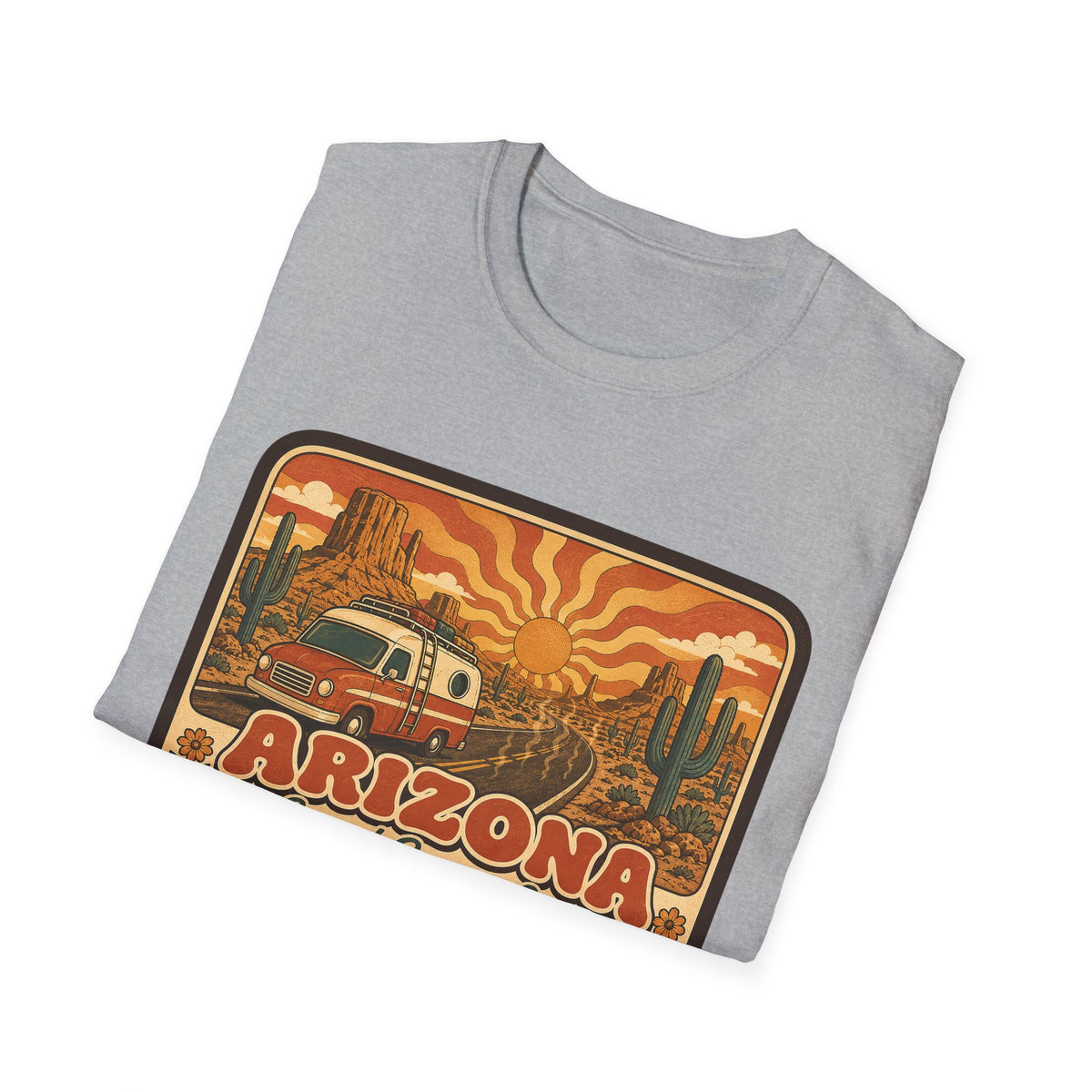 Light gray unisex graphic T-shirt with Arizona desert van and cactus print