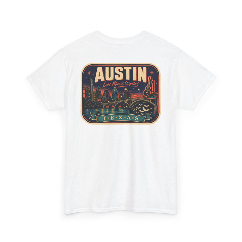 White T-shirt with retro Austin Texas skyline badge graphic on front
