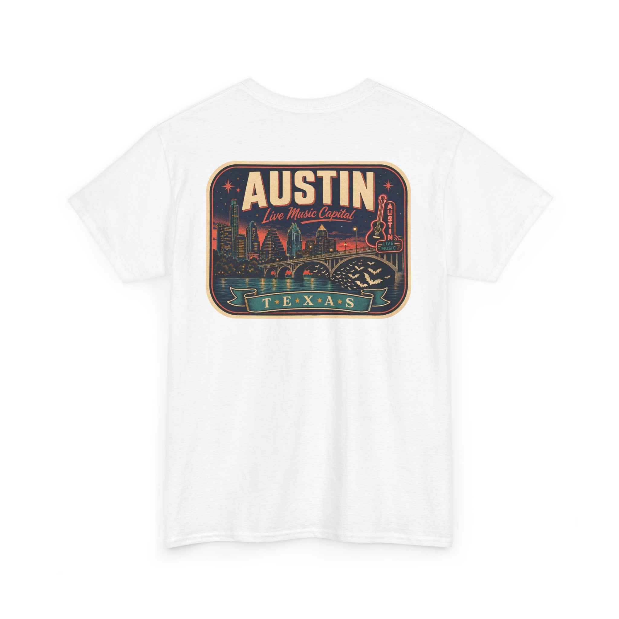 White T-shirt with retro Austin Texas skyline badge graphic on front
