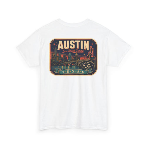 White T-shirt with retro Austin Texas skyline badge graphic on front