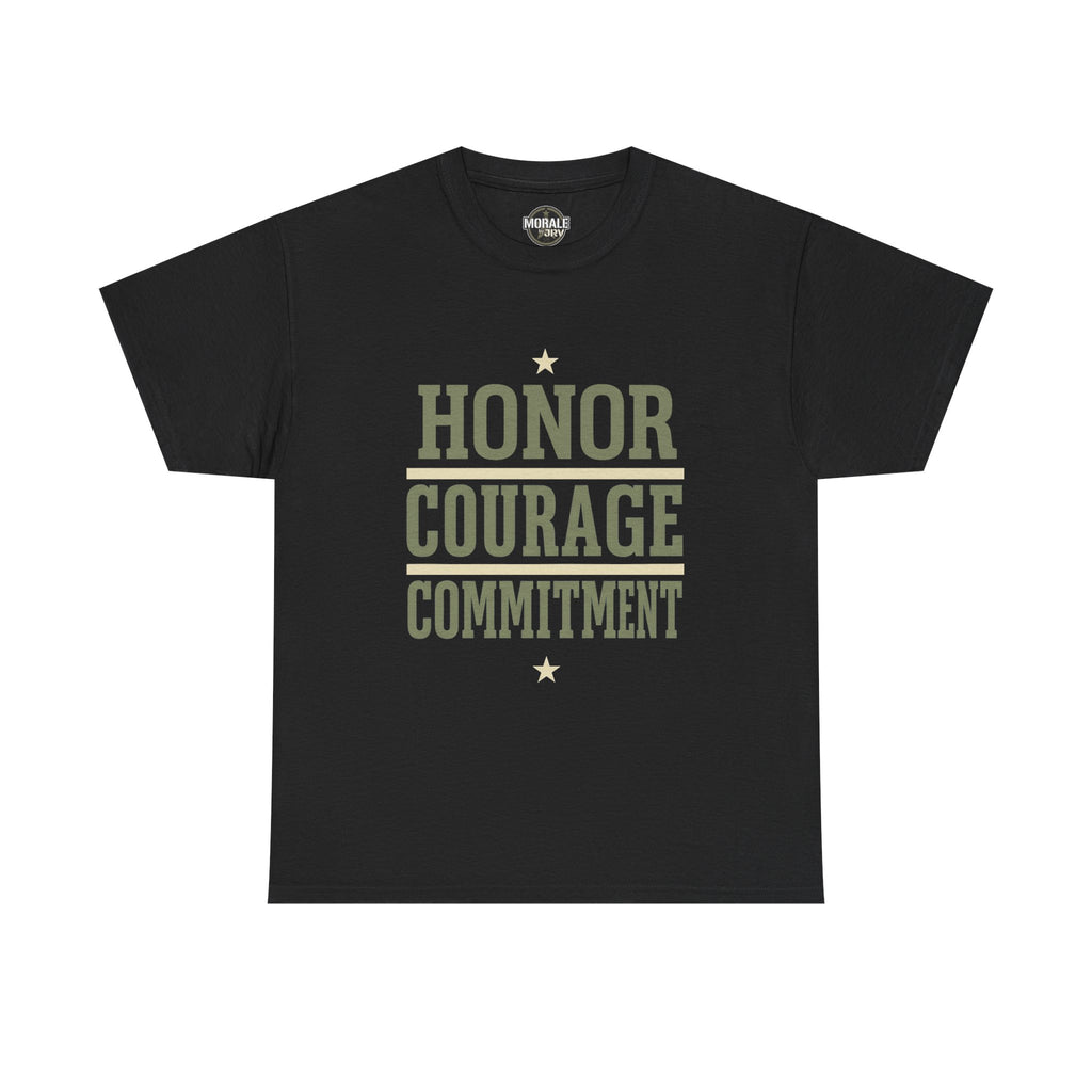 Black T-shirt with “HONOR COURAGE COMMITMENT” text graphic and star accents