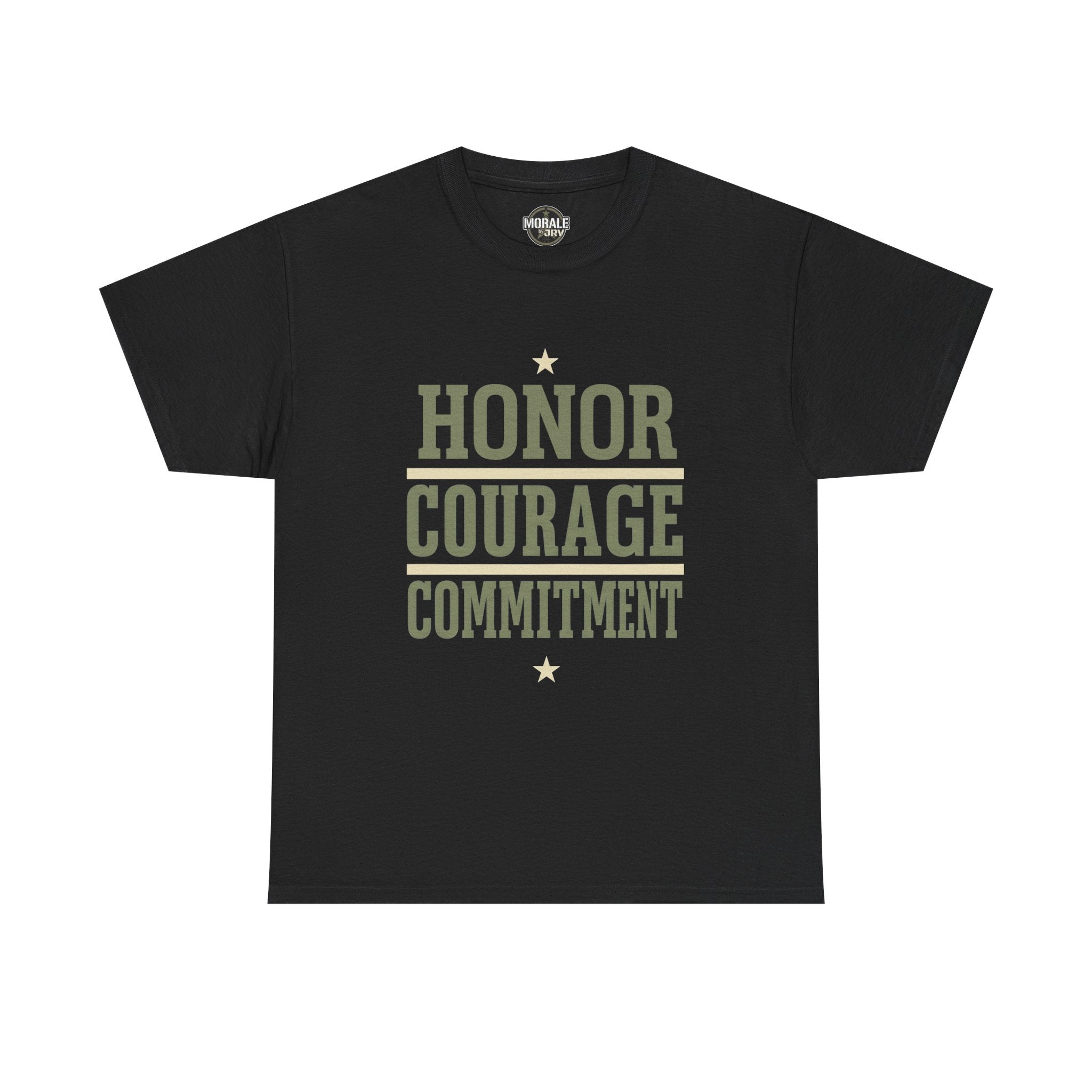 Black T-shirt with “HONOR COURAGE COMMITMENT” text graphic and star accents