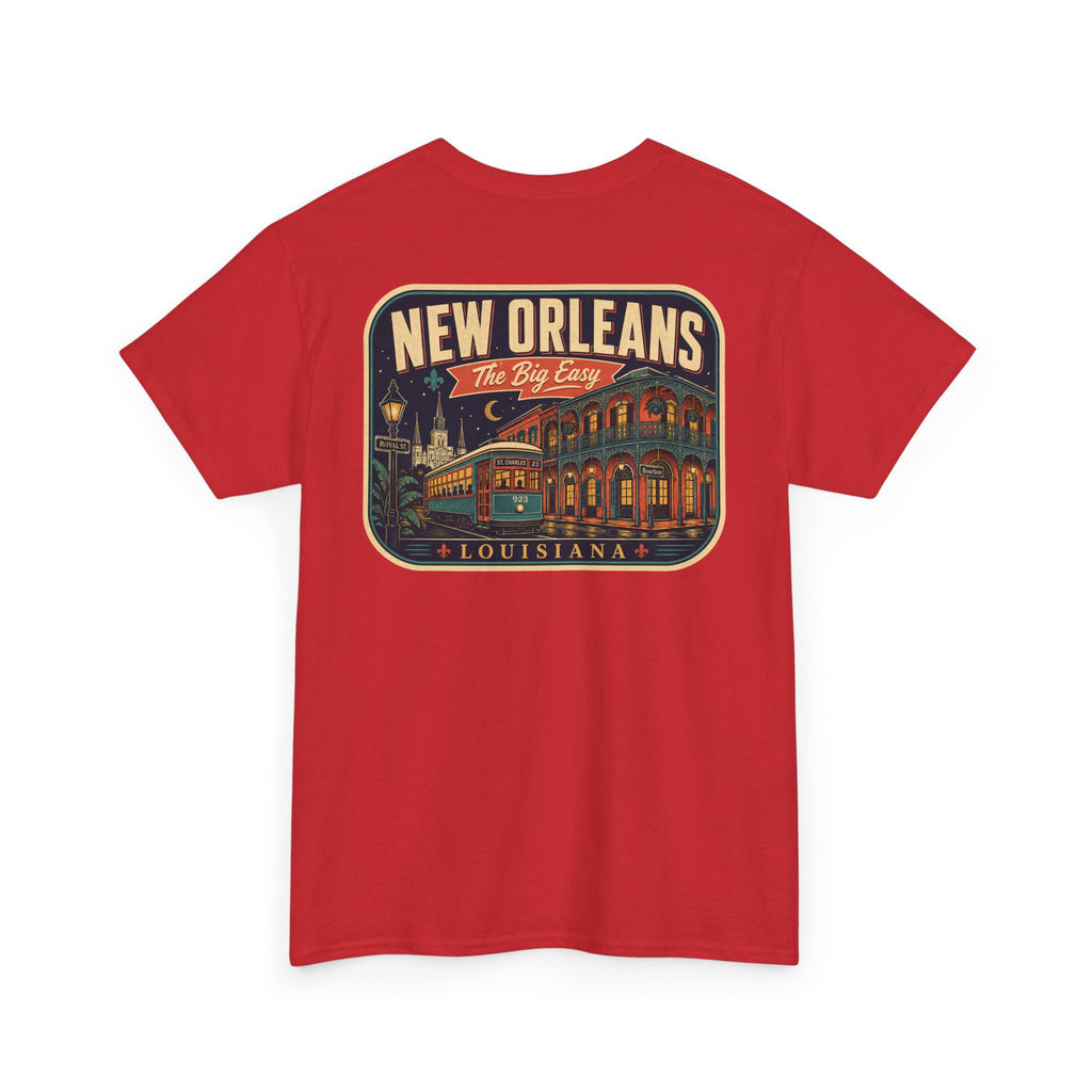 Red T-shirt with New Orleans crest graphic, crew neck short sleeves