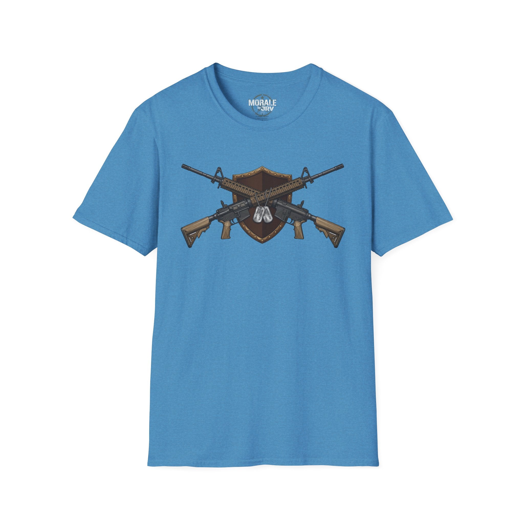 Light blue T-shirt with crossed rifles shield emblem graphic centered on front