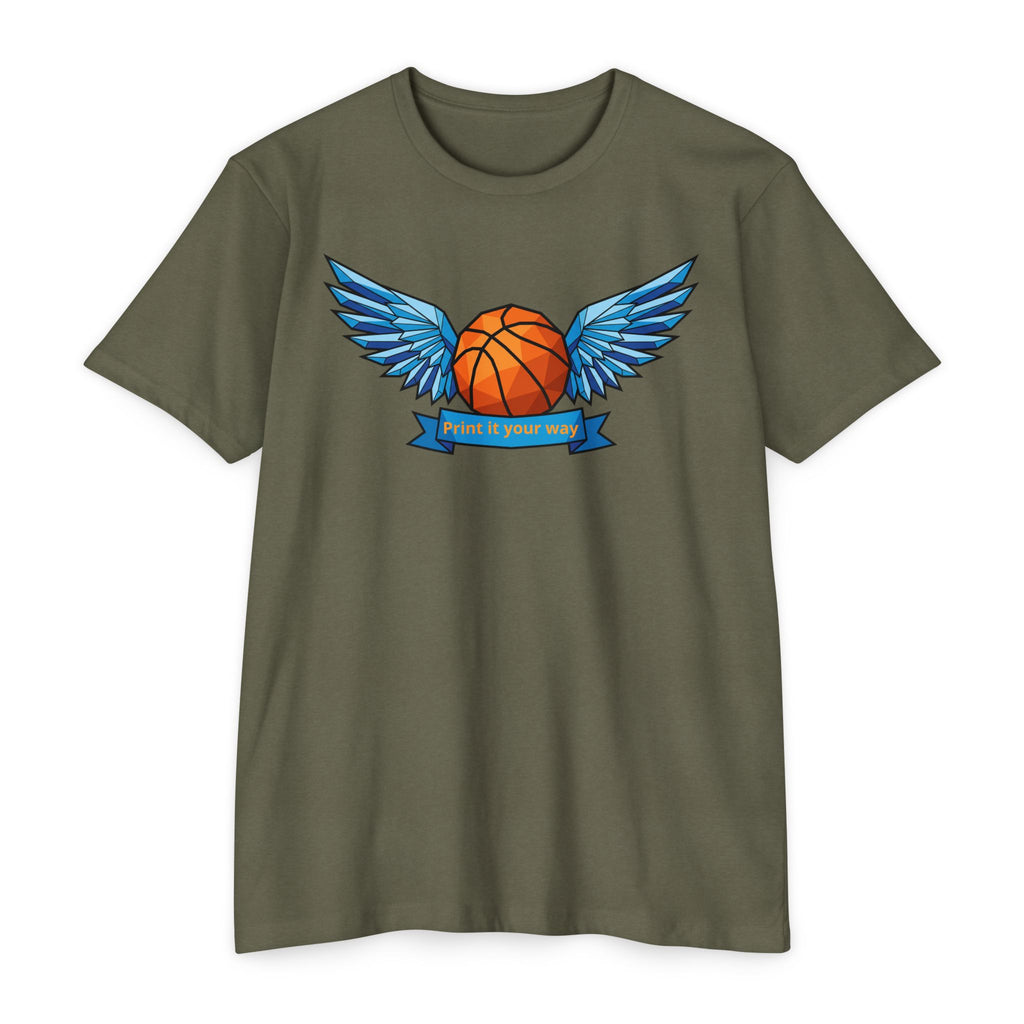 Dark green t-shirt with winged basketball graphic and small banner print at center.