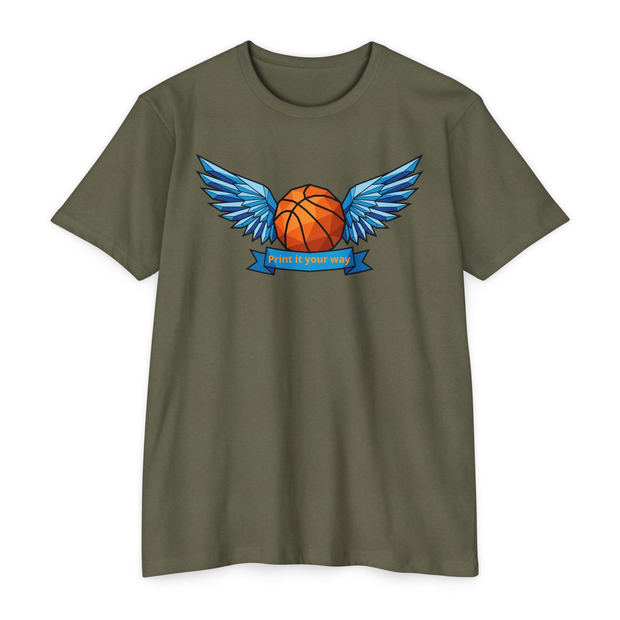 Dark green t-shirt with winged basketball graphic and small banner print at center.