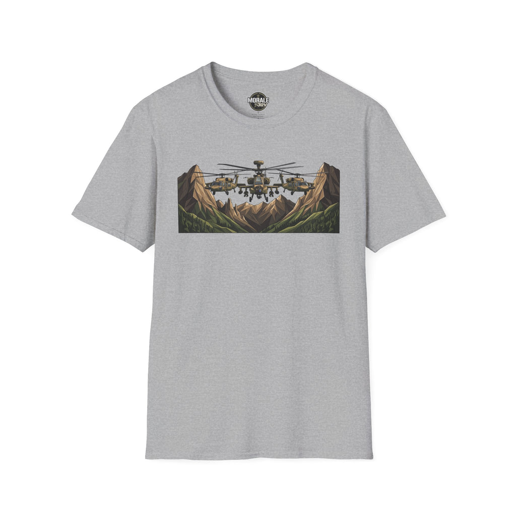 Military helicopter landscape graphic T-shirt, heather gray with front print