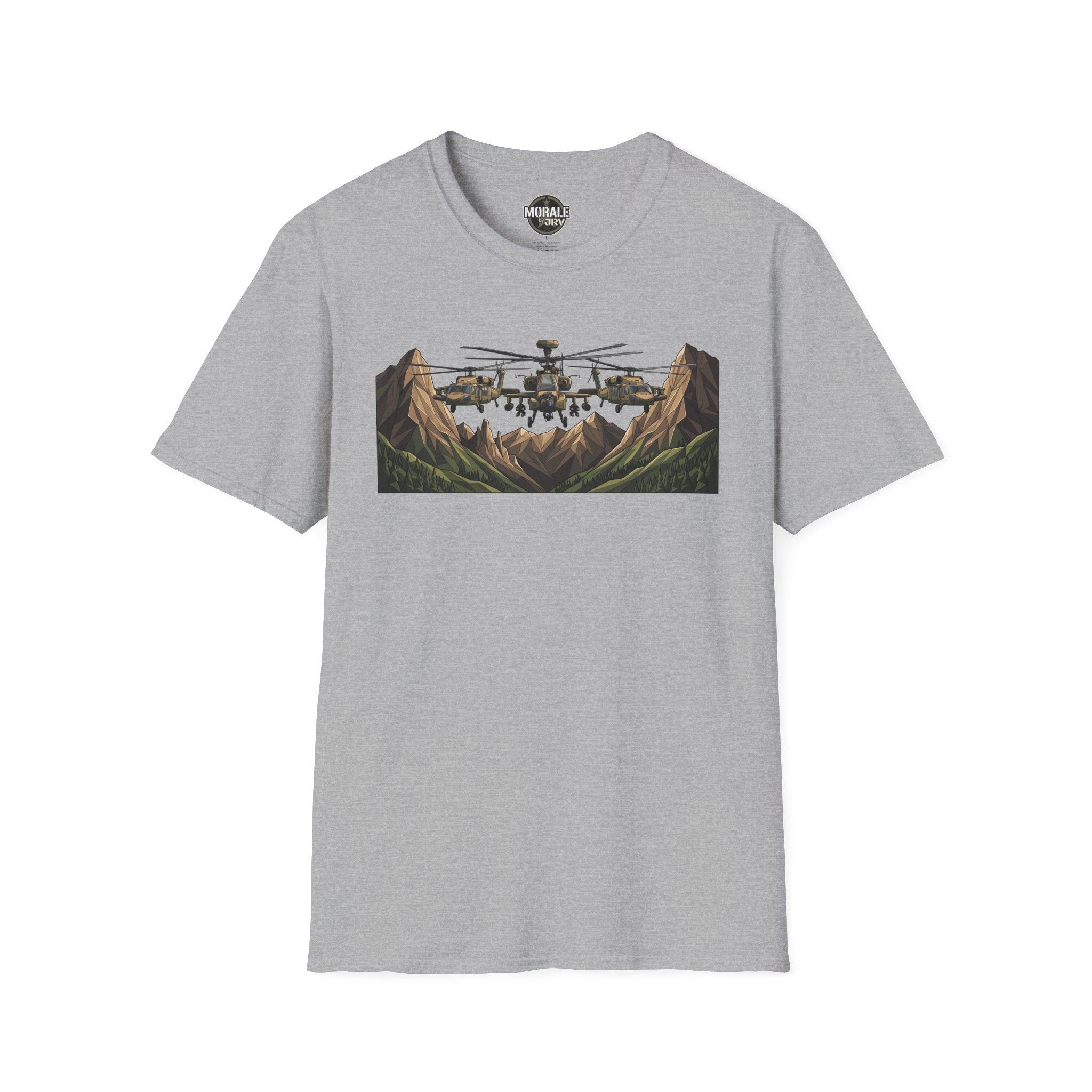 Military helicopter landscape graphic T-shirt, heather gray with front print