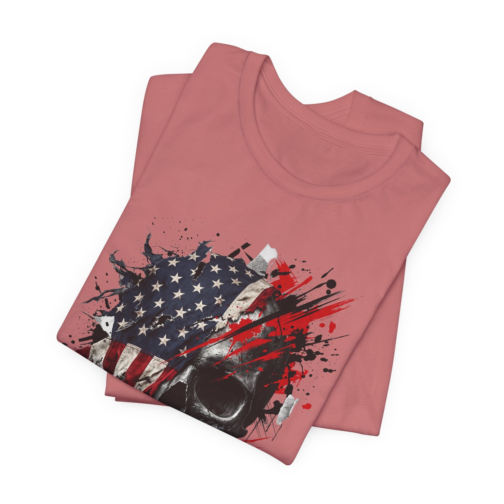 Dusty rose crew-neck T-shirt with skull and American flag splatter graphic