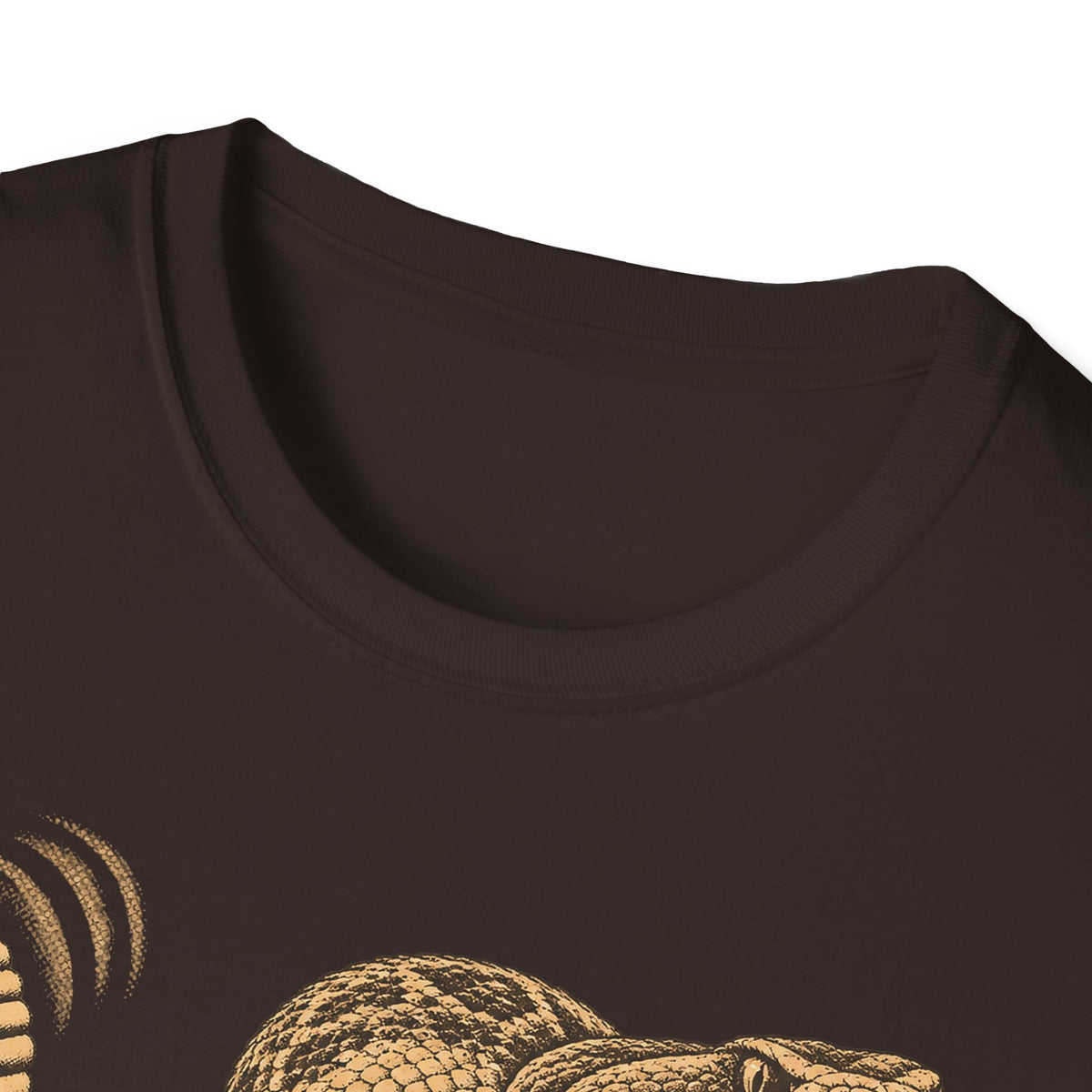 Men's dark brown T-shirt crew neck close-up with partial rattlesnake graphic