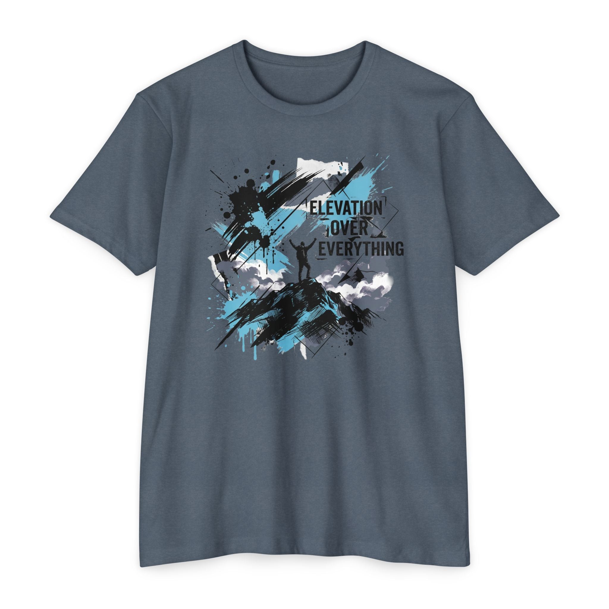 Dark slate crewneck T-shirt with blue/black splatter mountain graphic and text "ELEVATION OVER EVERYTHING"