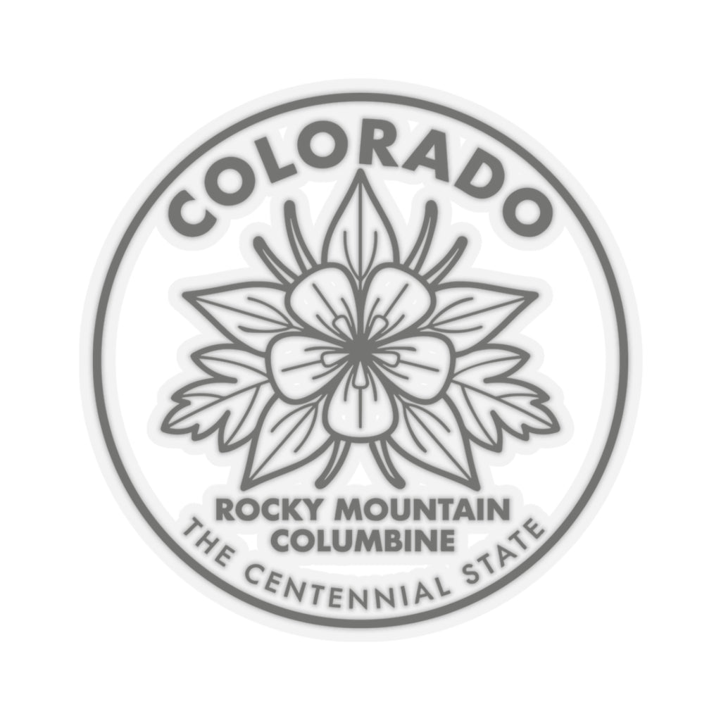 Transparent vinyl round sticker featuring a columbine flower and Colorado text