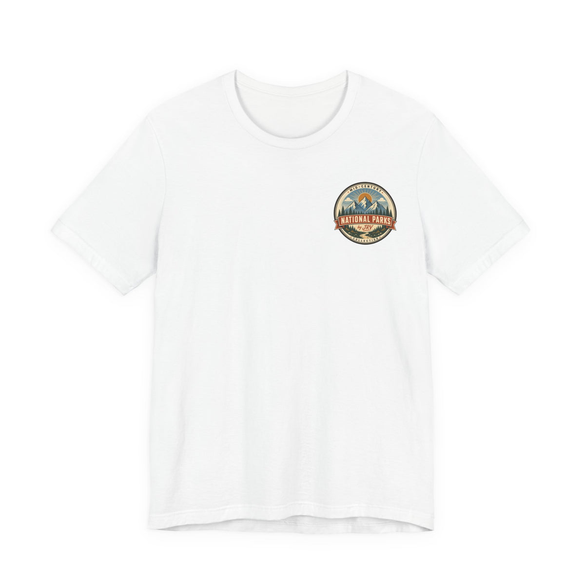 White crew-neck t-shirt with small circular Badlands park emblem on chest