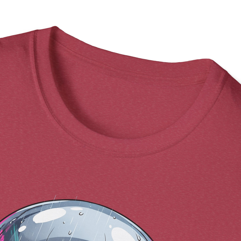Dark red T-shirt neckline; partial chrome skull visor graphic at chest