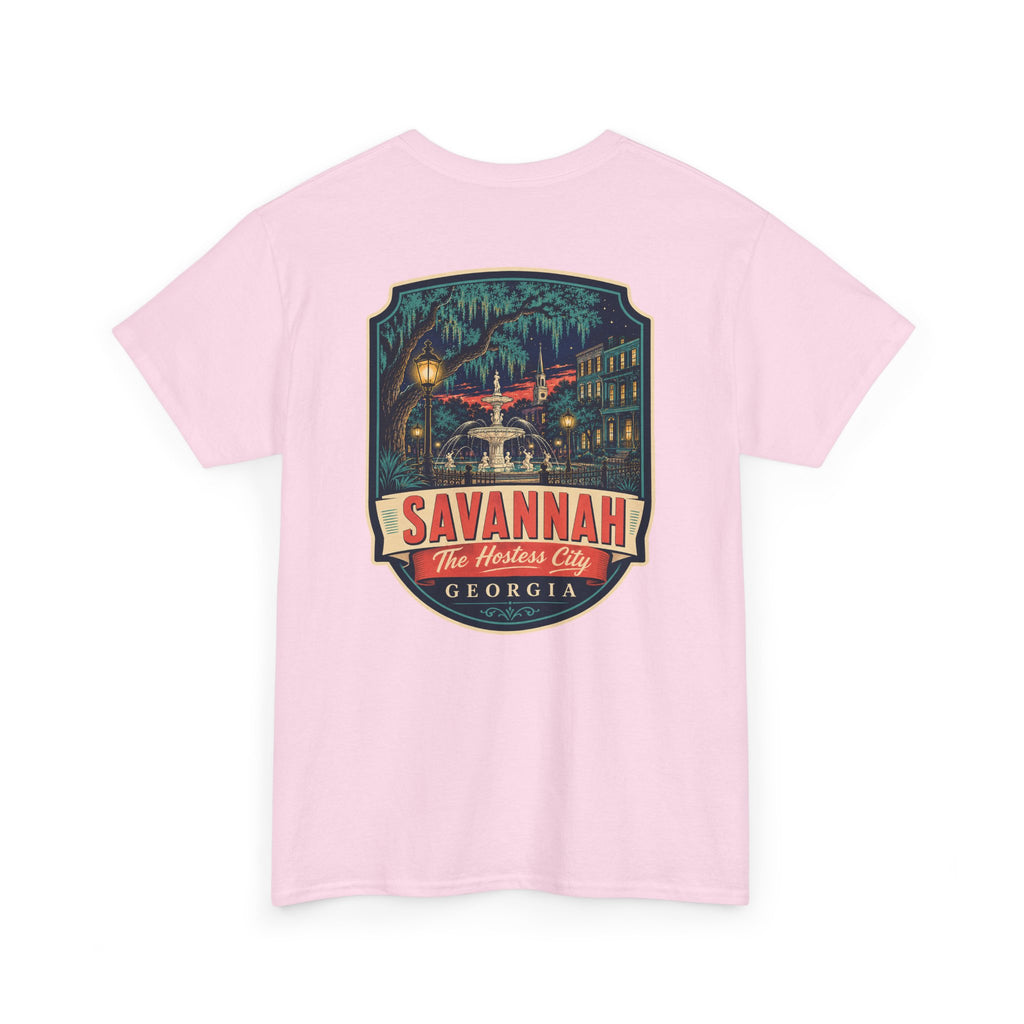 Light pink Savannah city badge graphic T-shirt with short sleeves and crew neck.