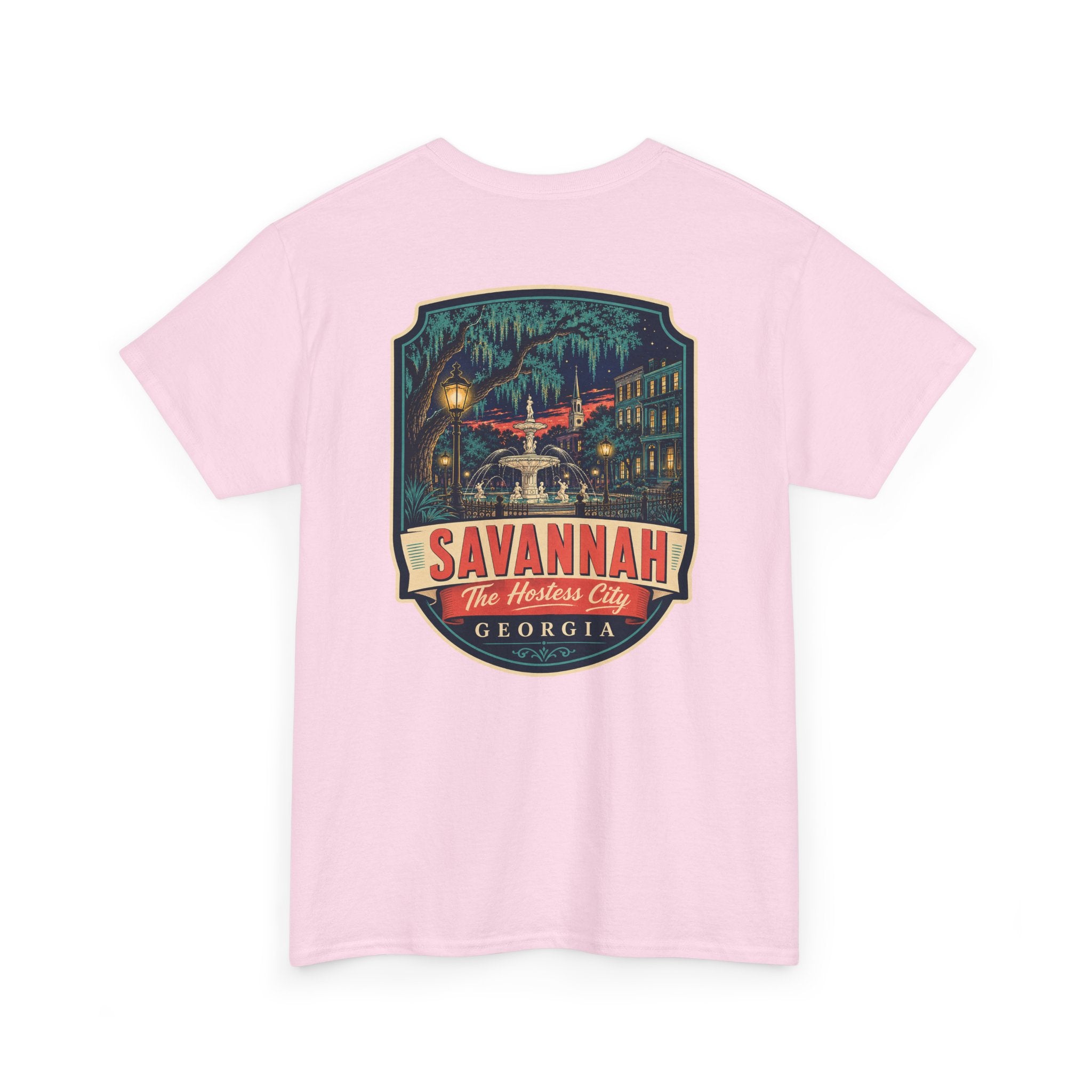 Light pink Savannah city badge graphic T-shirt with short sleeves and crew neck.