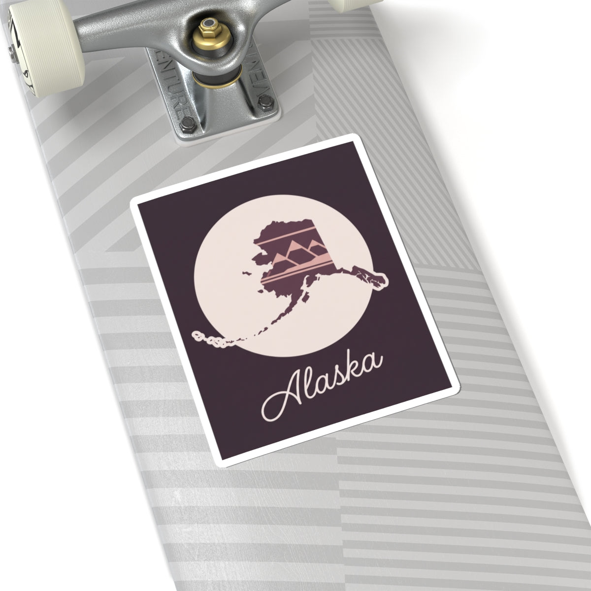 Square Alaska silhouette vinyl decal with white outline, cream moon, mauve Alaska map, cursive